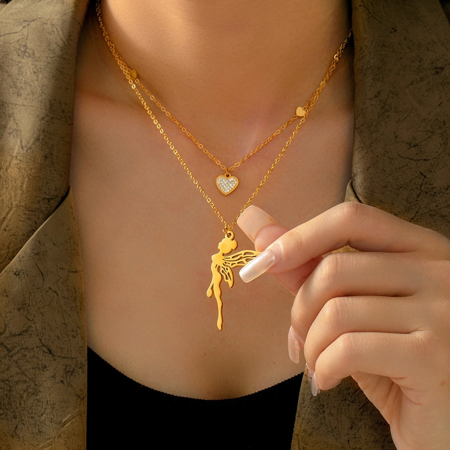 Jewelry Sweet Korean Style Angel Heart Shape 304 Stainless Steel Rhinestones 18K Gold Plated Layered Plating Inlay Double Layer Necklaces Pendant Necklace
