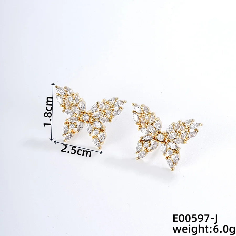 1 Pair Japanese Style Simple Style Shiny Butterfly Three-dimensional Inlay Copper Zircon K Gold Plated Ear Studs