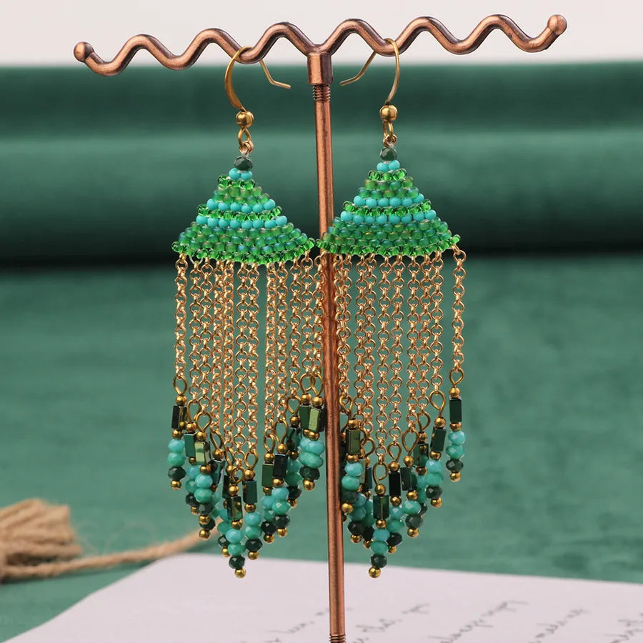 bohemian sector synthetic gemstones shell copper tassel mesh women's ear hook