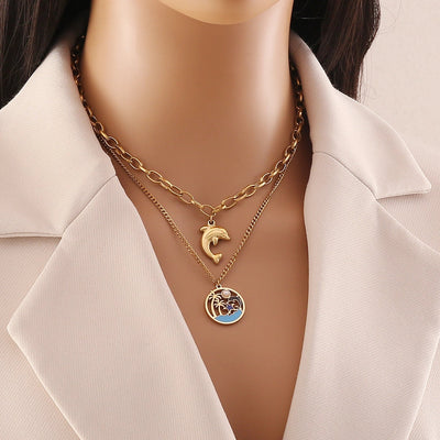 Jewelry Hawaiian Commute Coconut Tree Dolphin 304 Stainless Steel Pearl 18K Gold Plated Hollow Out Jewelry Set