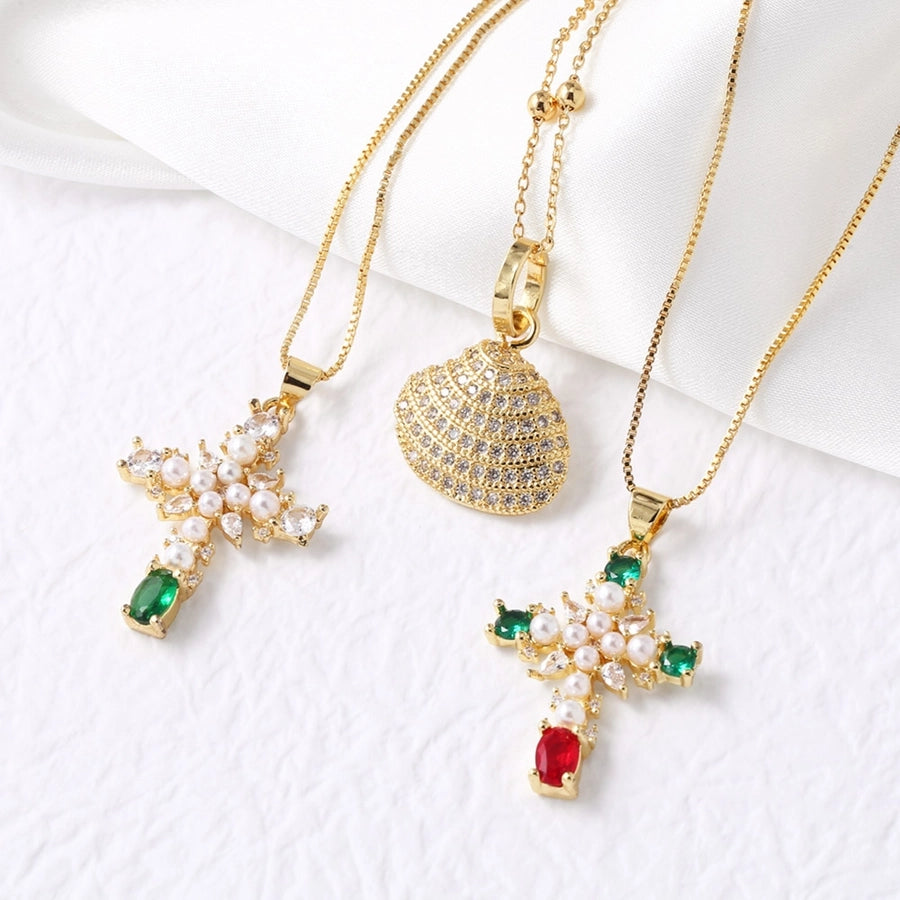 Jewelry Modern Style Simple Style Cross 201 Stainless Steel Copper Pearl Zircon 18K Gold Plated Inlay Pendant Necklace