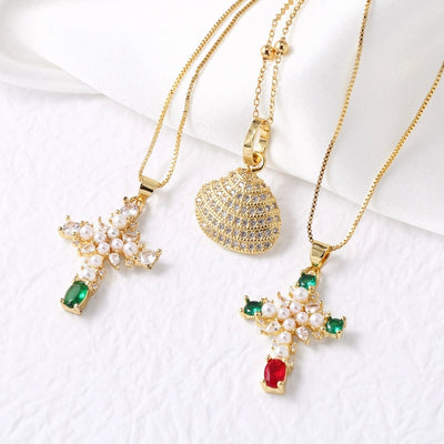 Jewelry Modern Style Simple Style Cross 201 Stainless Steel Copper Pearl Zircon 18K Gold Plated Inlay Pendant Necklace