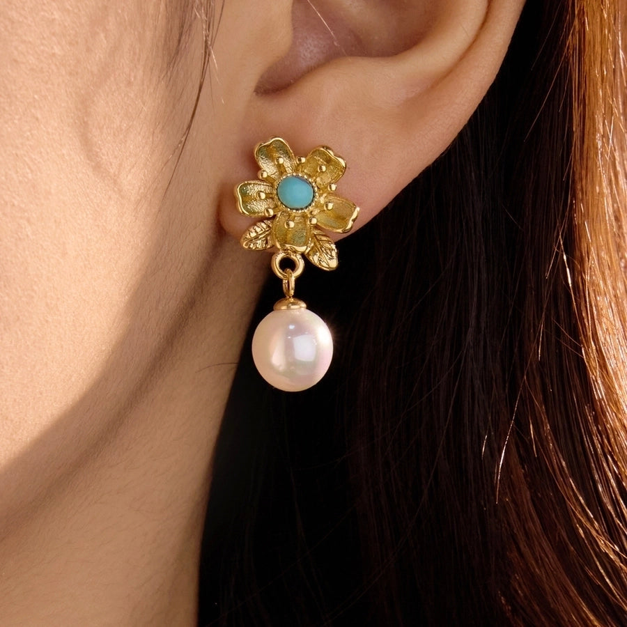 1 Pair Retro Flower Plating Inlay 304 Stainless Steel Natural Stone Pearl 18K Gold Plated Drop Earrings