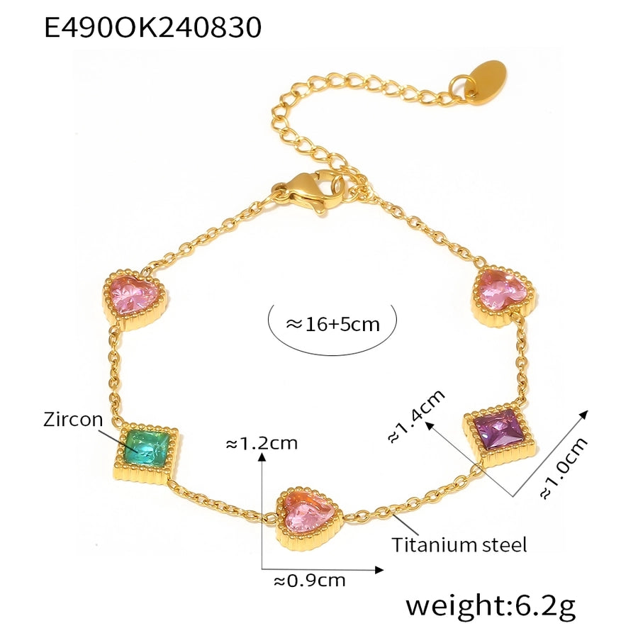 Preppy Style Commute Shiny Square Heart Shape Titanium Steel 18K Gold Plated Zircon Bracelets In Bulk