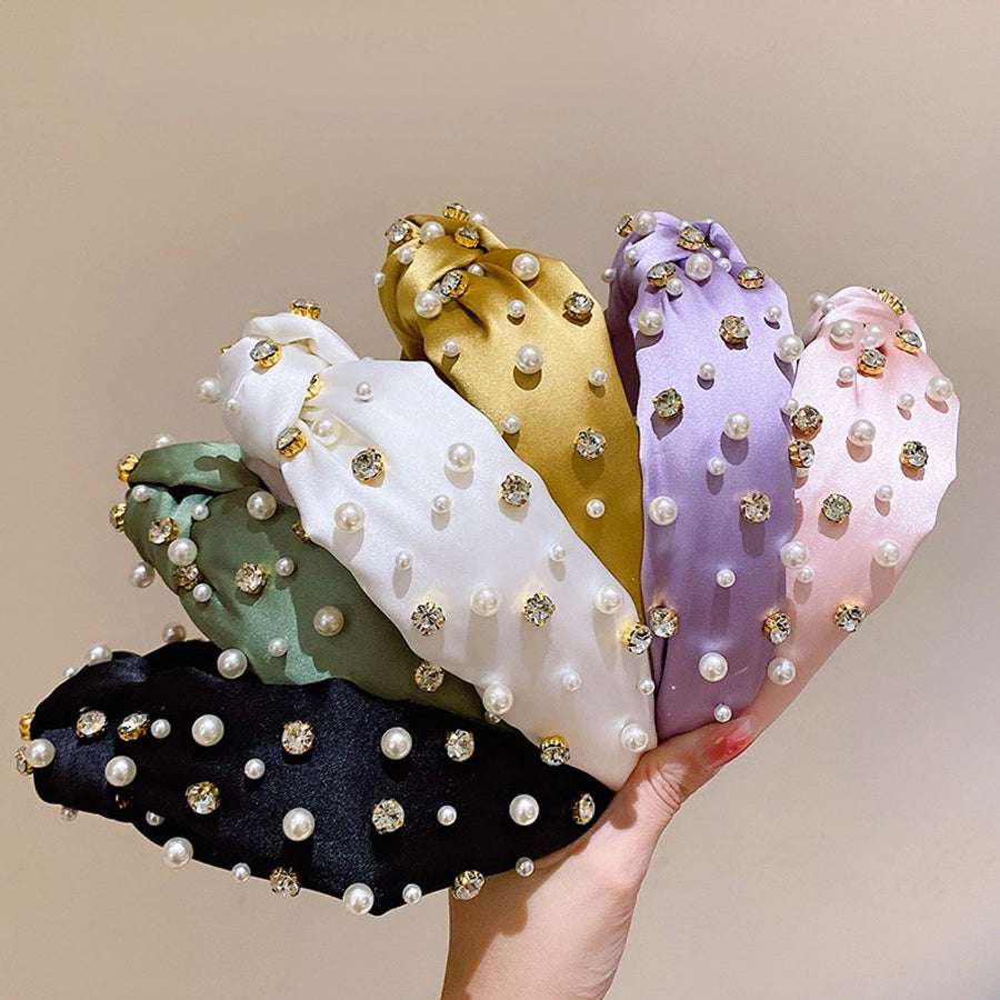 retro lady classic style solid color cloth inlaid pearls hair band