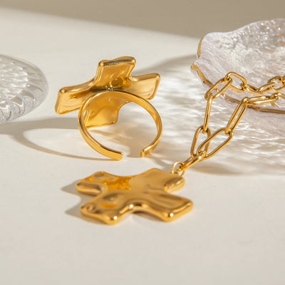 18K Gold Stainless Steel Hammer Pattern Oil Pressure Cross Pendant Clip Chain Necklace