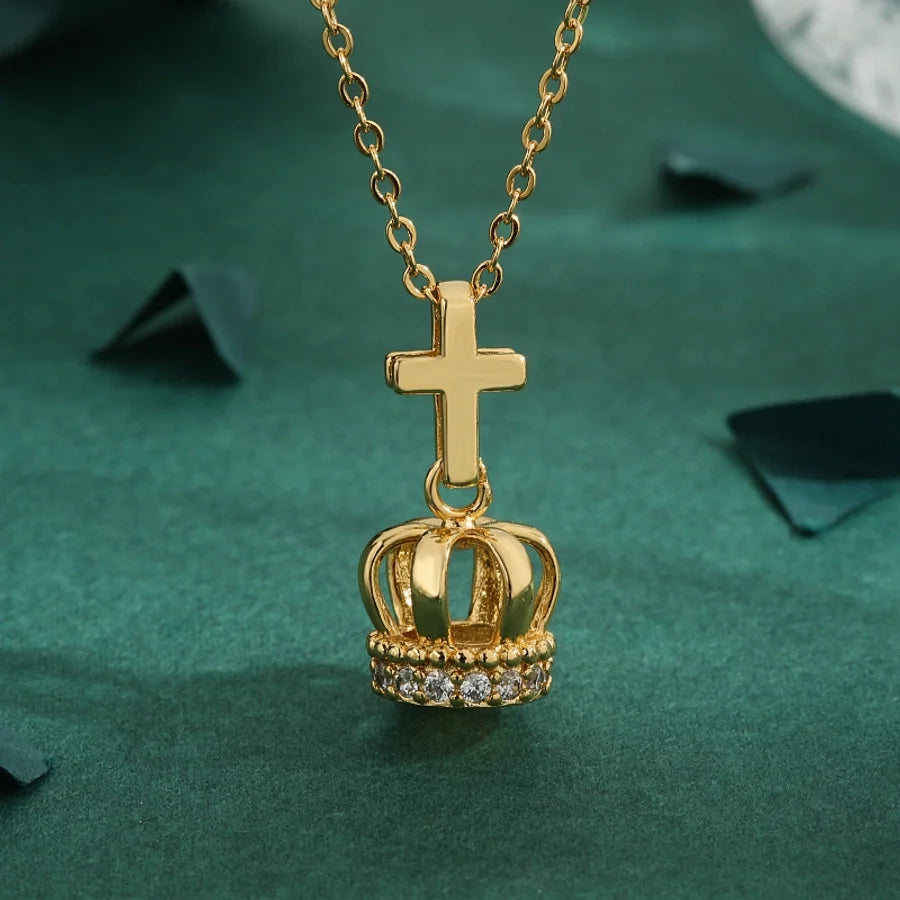 Copper O-shaped chain 18K Gold Plated Inlay Cross Crown Zircon Pendant Necklace