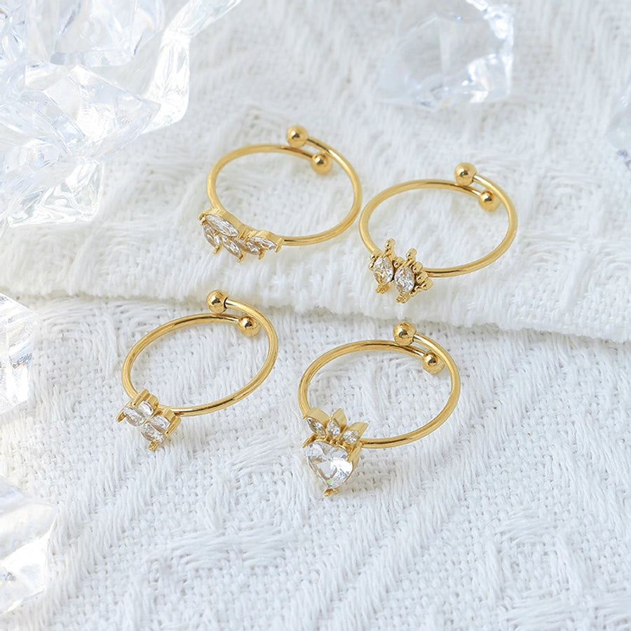 Jewelry Casual Sweet Simple Style Geometric Leaves Flower 304 Stainless Steel Zircon 14K Gold Plated Inlay Open Rings