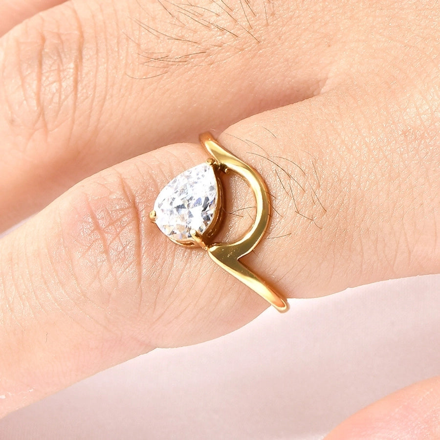 Jewelry Elegant Geometric Solid Color 304 Stainless Steel Rhinestones 18K Gold Plated Inlay Rings