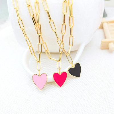 Copper Paperclip Chain Enamel Heart Shape Pendant Necklace