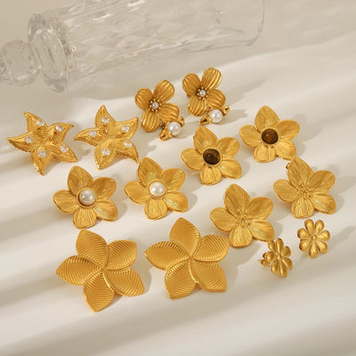 1 Pair IG Style Flower Plating Inlay 304 Stainless Steel Pearl 18K Gold Plated Ear Studs