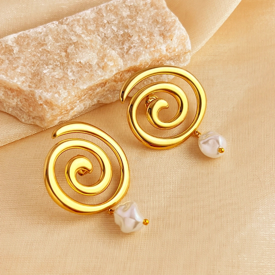 1 Pair Elegant Vacation Spiral Polishing 304 Stainless Steel 18K Gold Plated Drop Earrings