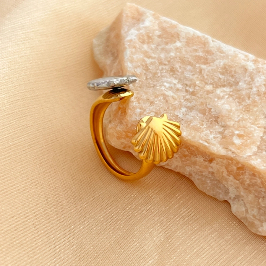 Jewelry Marine Style Shell 201 Stainless Steel 18K Gold Plated Hollow Out Open Rings