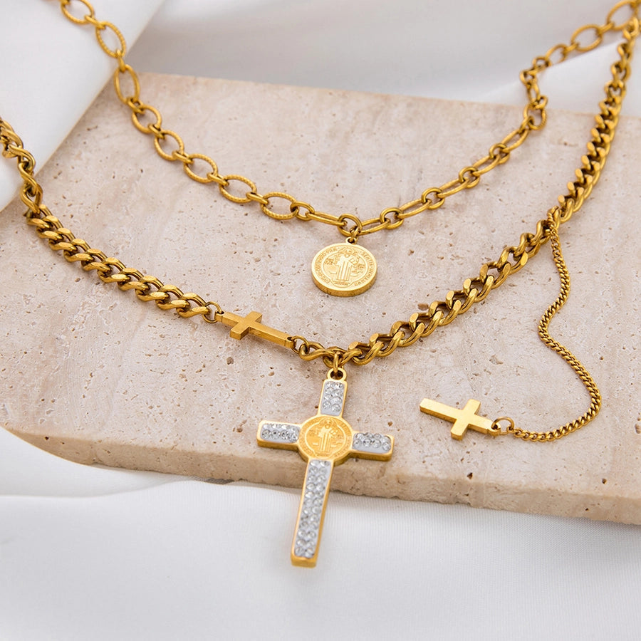 Jewelry Vintage Style Cross 304 Stainless Steel Plating Double Layer Necklaces