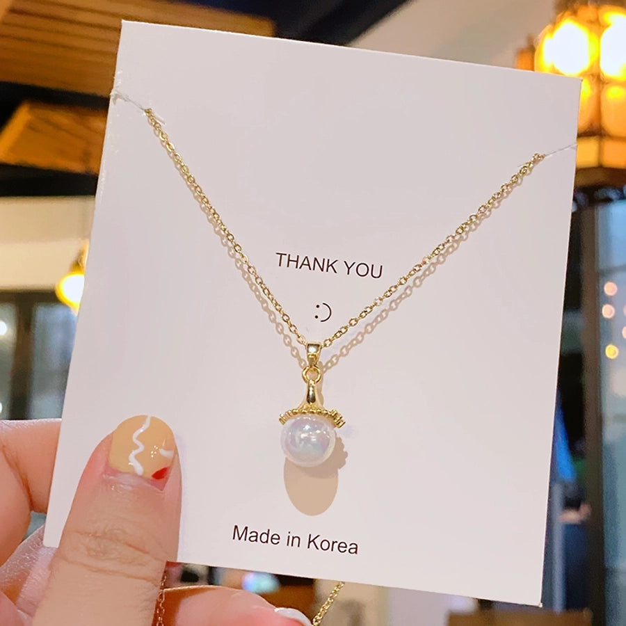 304 Stainless Steel Copper 18K Gold Plated Plating Inlay Round Artificial Pearls Pendant Necklace