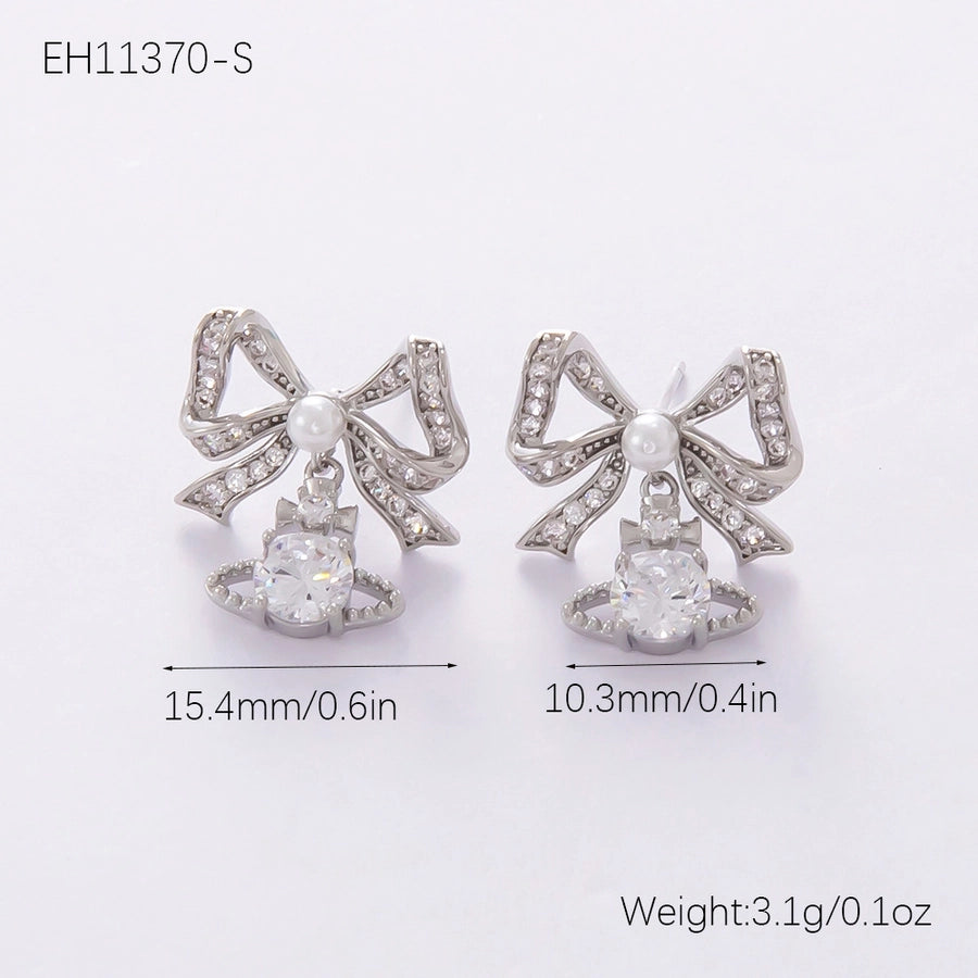 1 Pair Elegant Streetwear Bow Knot Plating Copper Zircon Drop Earrings Ear Studs