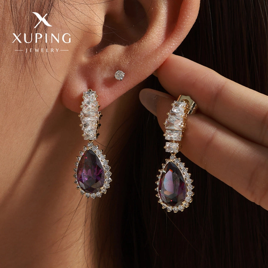 1 Pair Elegant Luxurious XUPING Water Droplets Plating Inlay Copper Artificial Gemstones 18K Gold Plated Drop Earrings