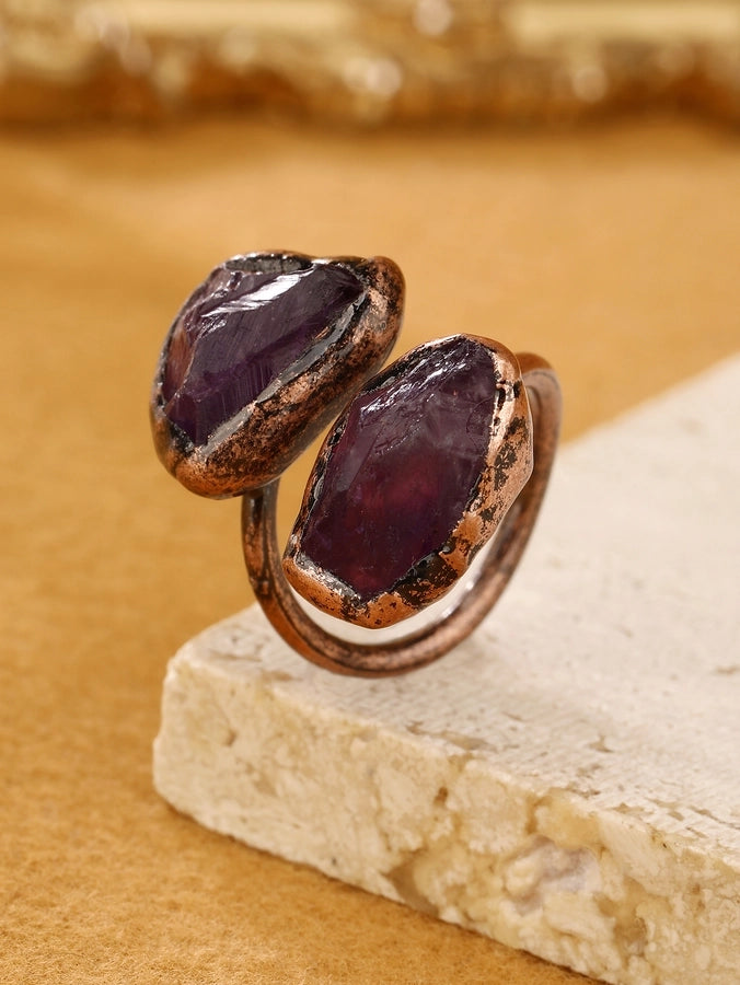 Gem Stone Copper Asymmetrical Inlay Geometric Gem Argyle Natural Stone Gem Crystal Open Rings