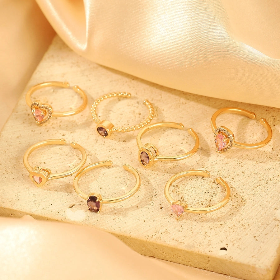 Copper Inlay Geometric Heart Shape Zircon Open Rings