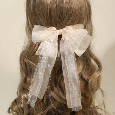 Women's IG Style Sweet Bow Knot Beaded Gauze Hair Clip