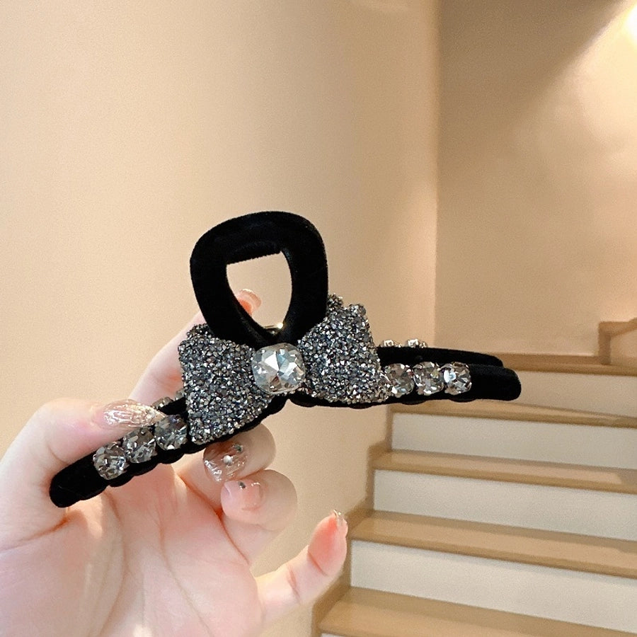 High-Grade Full Diamond Bow Hair Accessories Barrettes Women's Back Head Grip  Former Red Style Flocking Large Size Shark Clip