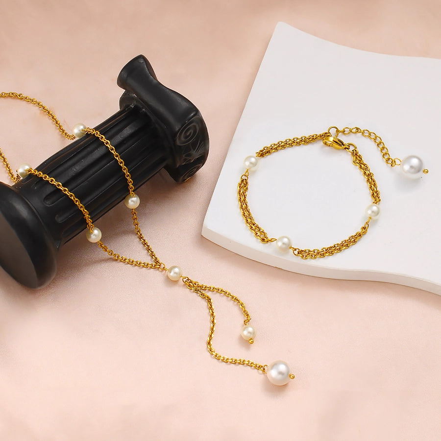 Jewelry French Style Geometric 304 Stainless Steel Glass Pearl 18K Gold Plated Bracelets Necklace