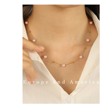 Jewelry IG Style Elegant French Style Round 304 Stainless Steel Artificial Pearls 18K Gold Plated Beaded Polishing Necklace
