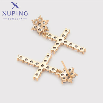 1 Pair XUPING Simple Style Shiny Cross Flower Inlay Copper Artificial Gemstones 18K Gold Plated Drop Earrings