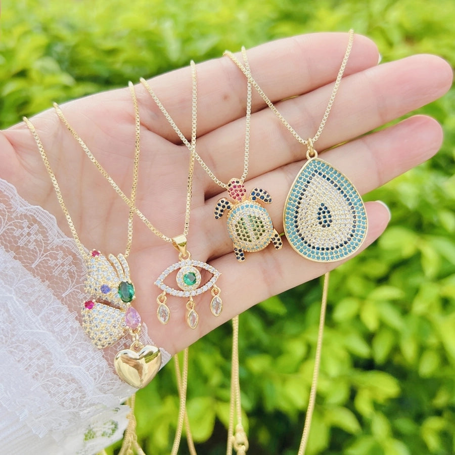 Copper box chain Heart Shape Eye Zircon Pendant Necklace