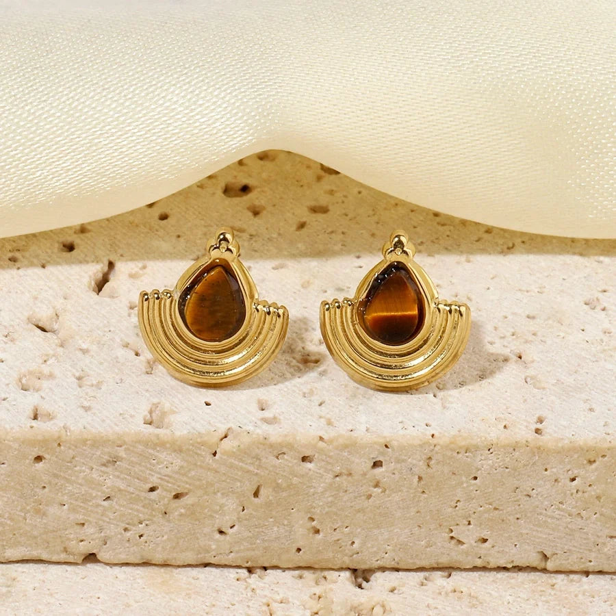 One Pack and Two Pairs Retro French Style Geometric Plating Titanium Steel Natural Stone 14K Gold Plated Ear Studs