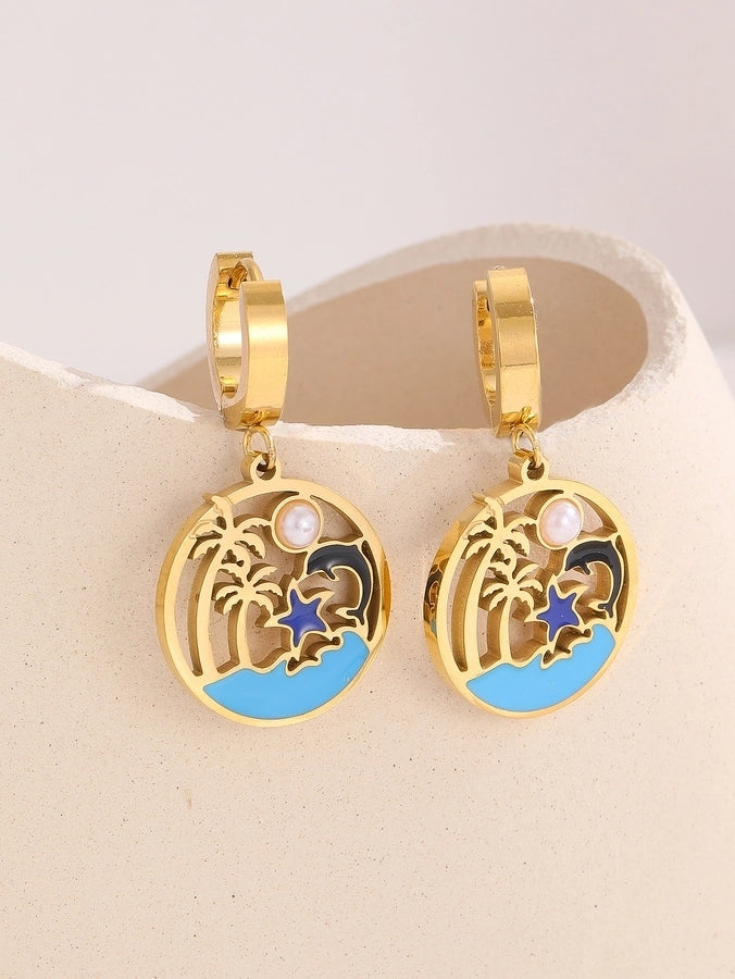 1 Pair Hawaiian IG Style Tree Ocean Painted Hollow Out Inlay Titanium Steel Artificial Pearls Turquoise 18K Gold Plated Drop Earrings