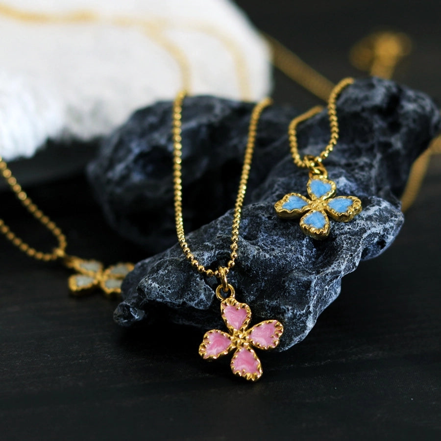 Jewelry Casual Retro French Style Leaf Flower Titanium Steel Enamel Pendant Necklace