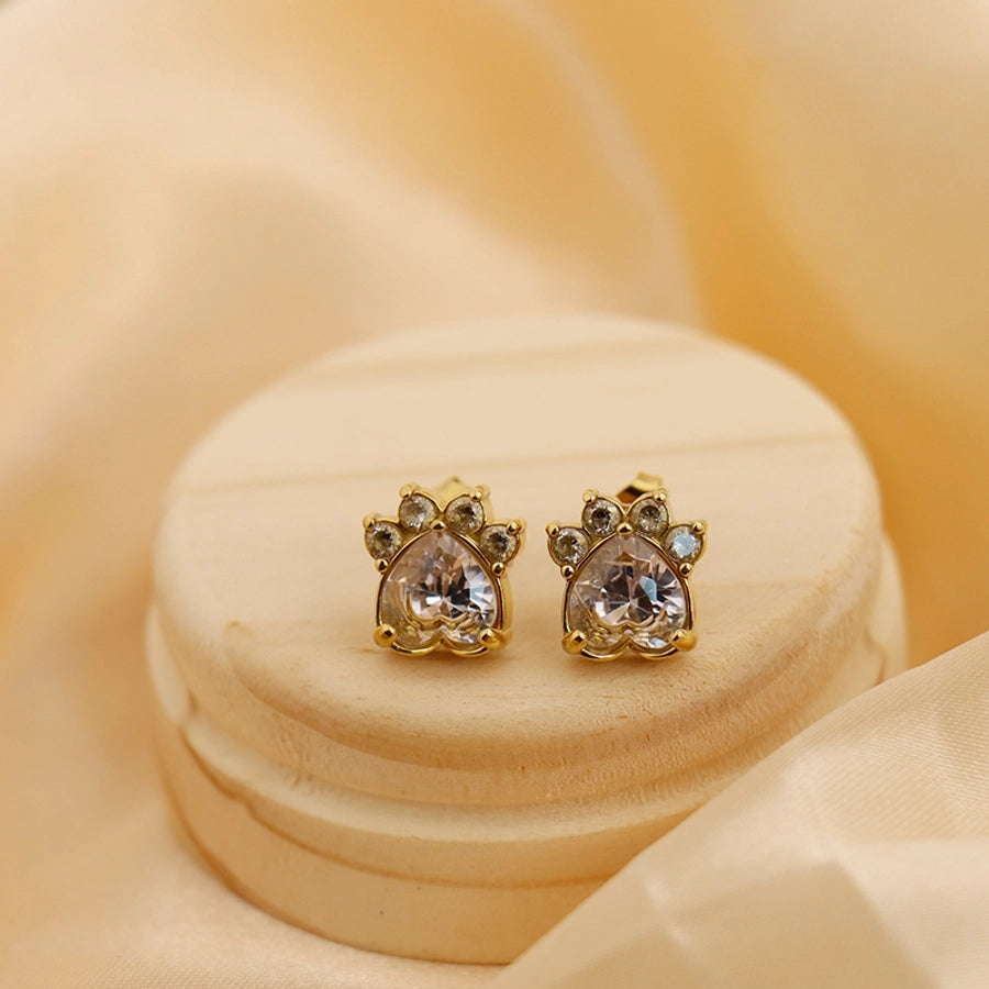 1 Pair Vintage Style Classic Style Paw Print Heart Shape Plating Titanium Steel Zircon 18K Gold Plated Ear Studs