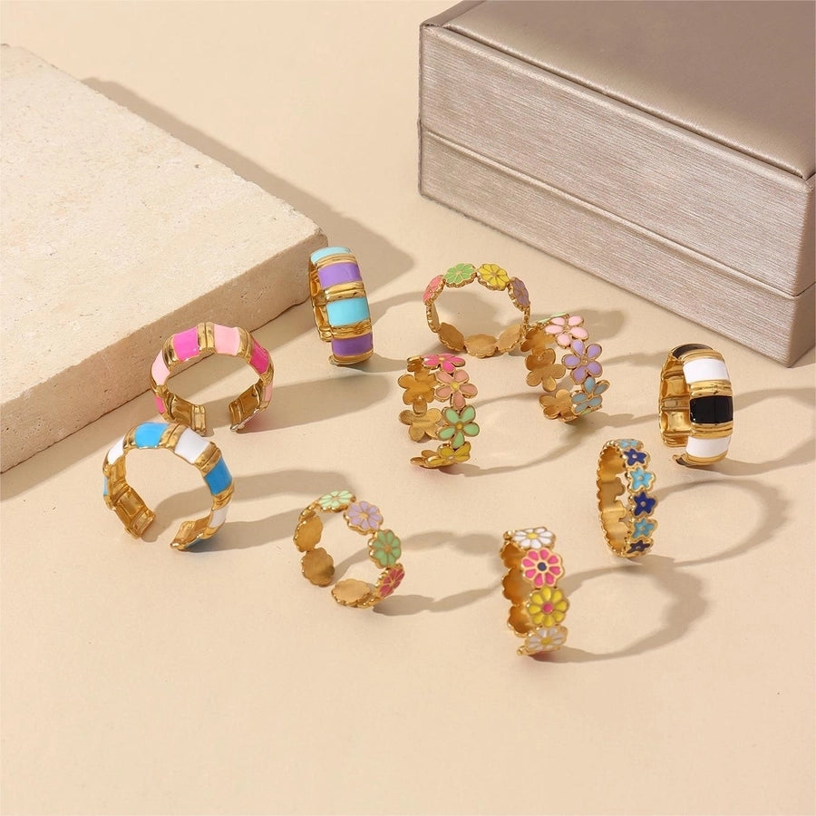 Jewelry Retro Sweet Stripe Flower 304 Stainless Steel Enamel Open Rings