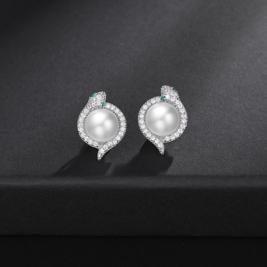 1 Pair Elegant Luxurious Shiny Snake Inlay Copper Artificial Pearls Zircon 18K Gold Plated White Gold Plated Ear Studs