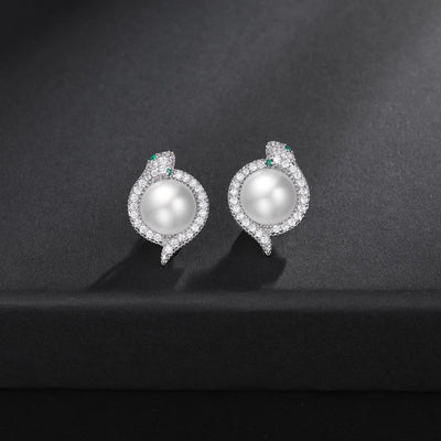1 Pair Elegant Luxurious Shiny Snake Inlay Copper Artificial Pearls Zircon 18K Gold Plated White Gold Plated Ear Studs