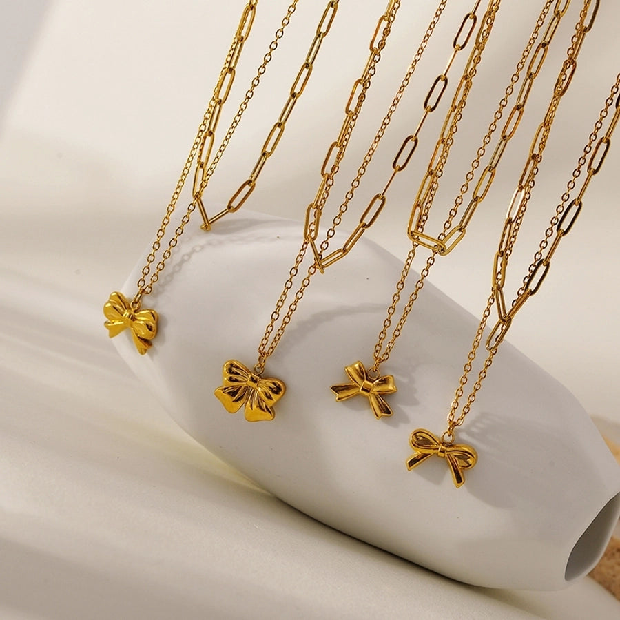 Jewelry IG Style Sweet Bow Knot 304 Stainless Steel Zircon Hollow Out Inlay Double Layer Necklaces