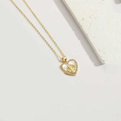 Shell Copper 14K Gold Plated Inlay Heart Shape Butterfly Zircon Pendant Necklace