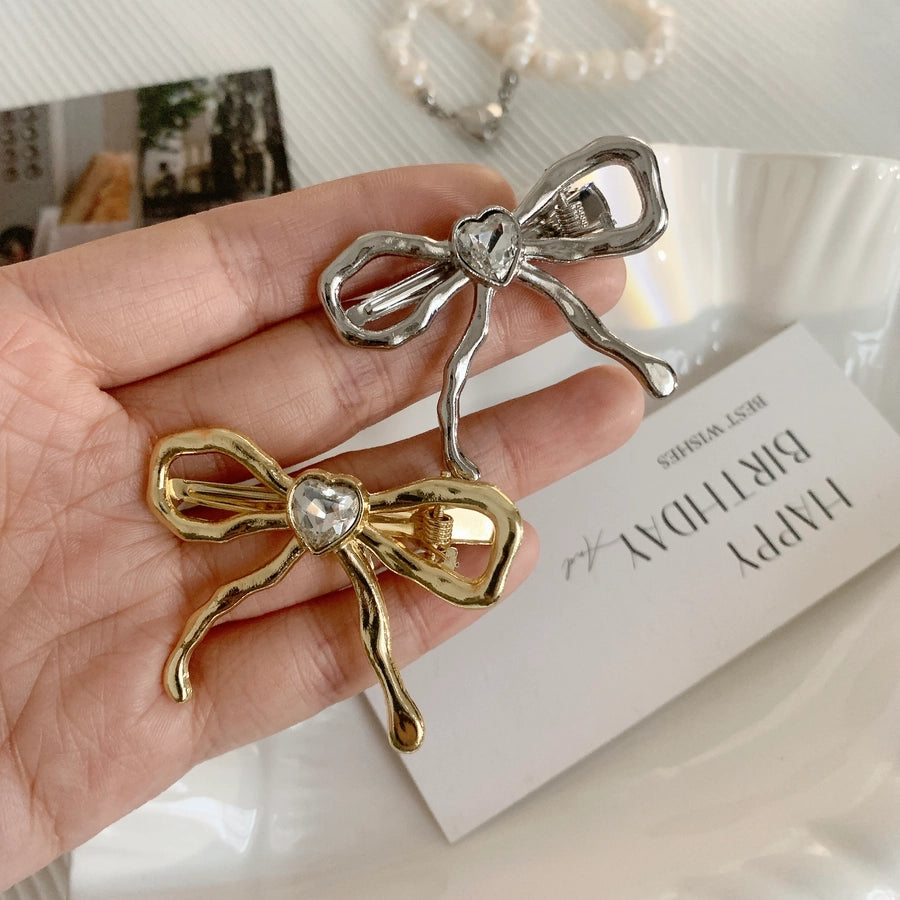Women's IG Style Sweet Heart Shape Bow Knot Metal Hollow Out Inlay Rhinestones Hair Clip