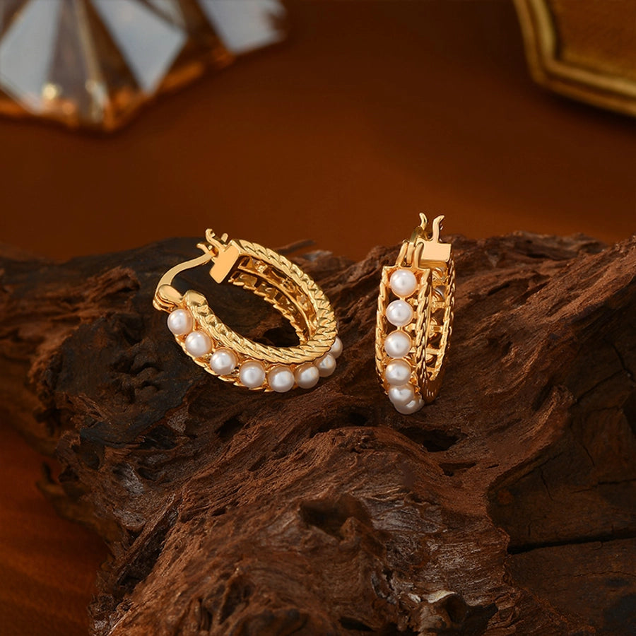 1 Pair Elegant Classical Sweet Circle Inlay Copper Freshwater Pearl Zircon 18K Gold Plated Earrings