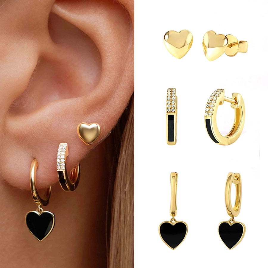 1 Pair Casual Simple Style Heart Shape Enamel Copper Zircon 24K Gold Plated Huggie Earrings Drop Earrings Ear Studs