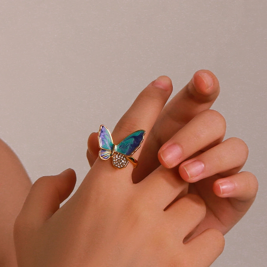 Jewelry IG Style Simple Style Butterfly 304 Stainless Steel Zircon 18K Gold Plated Enamel Inlay Rings