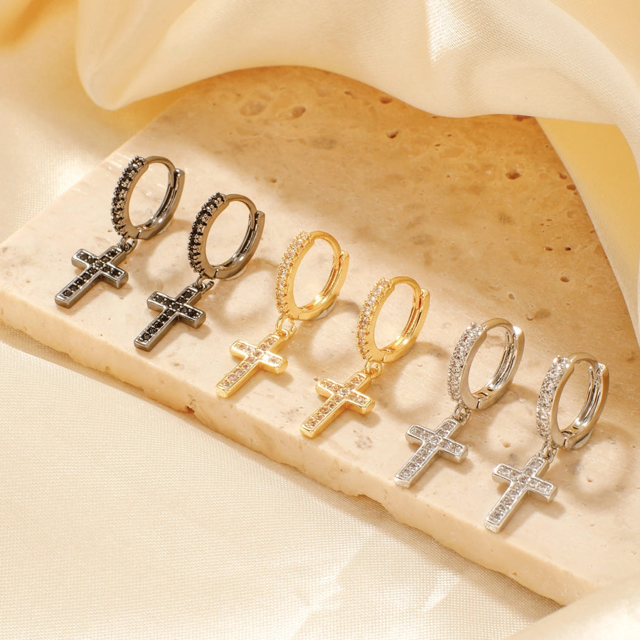 1 Pair Elegant Streetwear Shiny Cross Inlay Copper Zircon K Gold Plated Rhodium Plated Earrings
