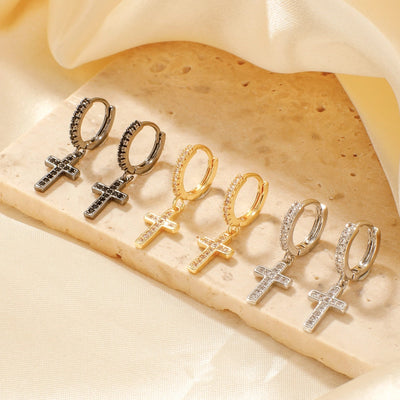 1 Pair Elegant Streetwear Shiny Cross Inlay Copper Zircon K Gold Plated Rhodium Plated Earrings