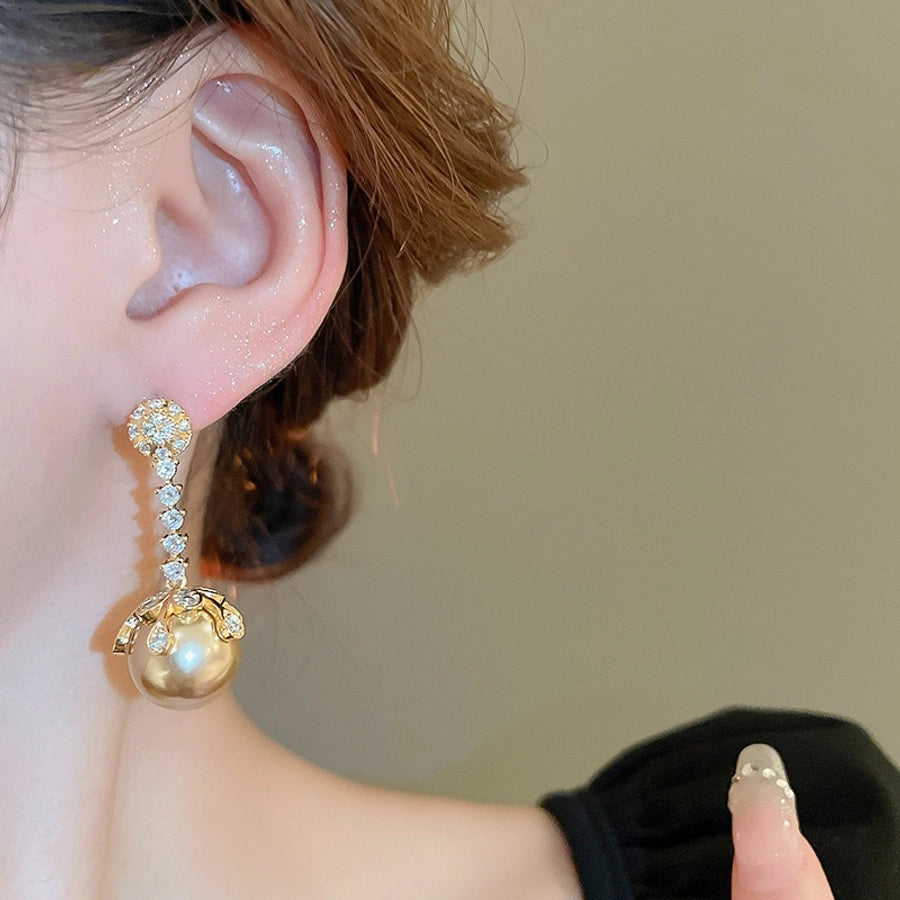 1 Pair Elegant Wedding Commute Round Inlay Alloy Rhinestones Pearl Drop Earrings