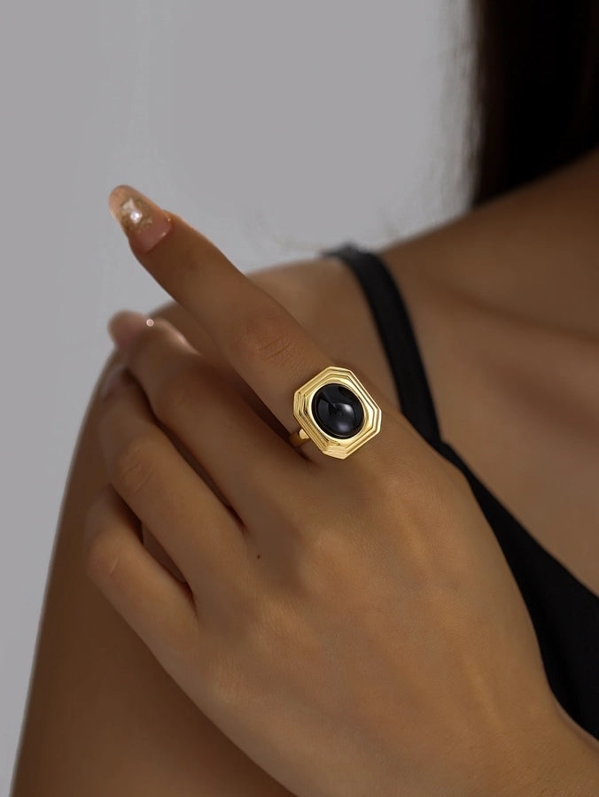 Jewelry Classical Retro Vintage Style Geometric 304 Stainless Steel Natural Stone Inlay Rings