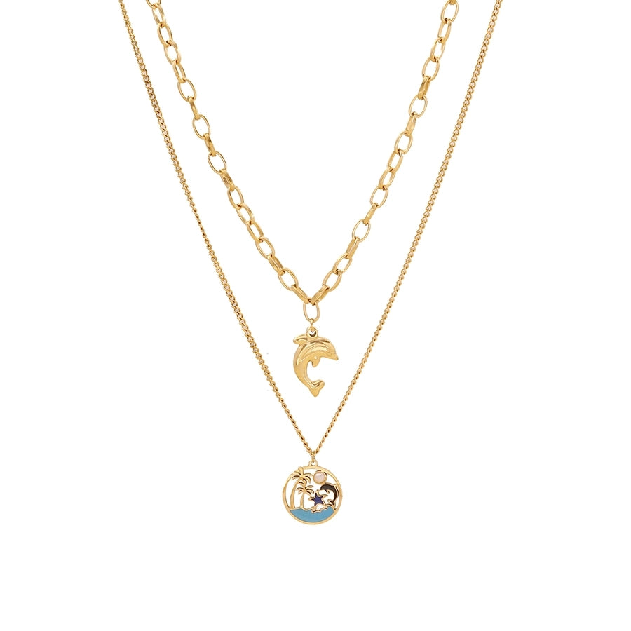 Jewelry Hawaiian Commute Coconut Tree Dolphin 304 Stainless Steel Pearl 18K Gold Plated Hollow Out Jewelry Set