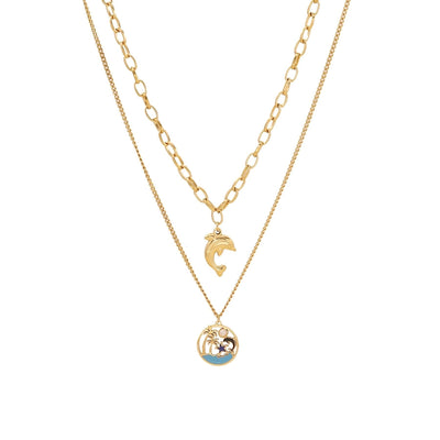 Jewelry Hawaiian Commute Coconut Tree Dolphin 304 Stainless Steel Pearl 18K Gold Plated Hollow Out Jewelry Set