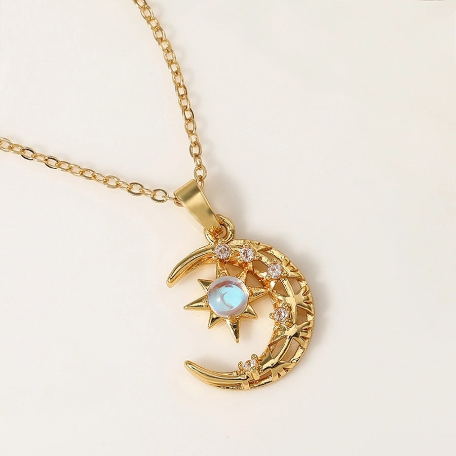 201 Stainless Steel Copper Gold Plated Plating Inlay Moon Resin Zircon Pendant Necklace