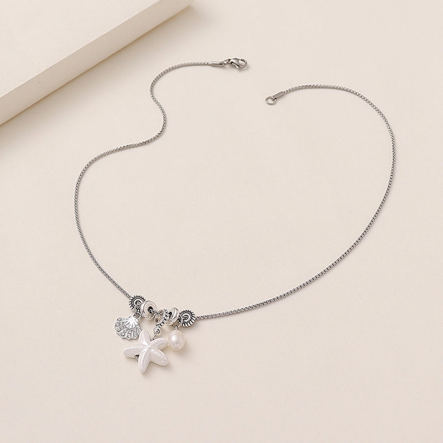 Hawaiian Vacation Starfish Shell Rhinestones Artificial Pearl Titanium Steel ceramics